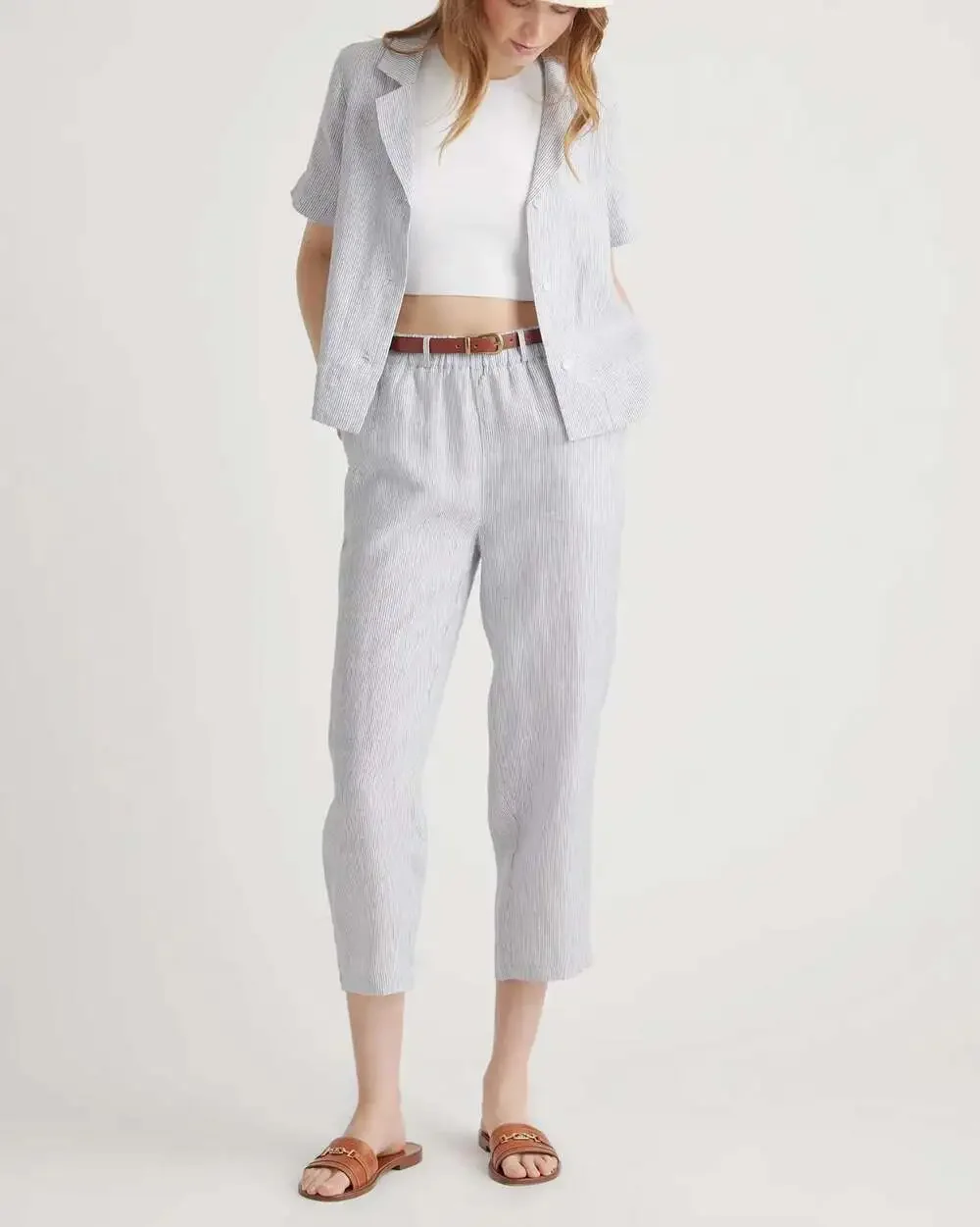 Quince European Linen Tapered Ankle Pants Blue Pinstripe Size Small Chic